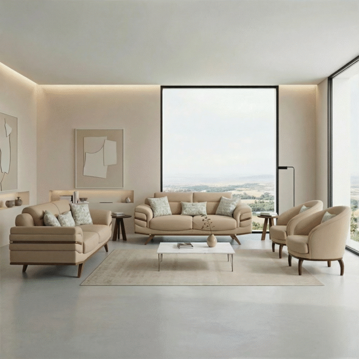 طقم معاصر بطابع هادئ وألوان عاجية ناعمة، يجمع بين الراحة الكبيرة والتصميم المنحوت بأناقة. يناسب المساحات الراقية ويضيف لمسة دفء فندقية راقية لأي غرفة جلوس.